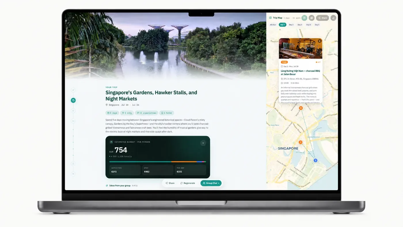 Junto AI trip builder on laptop showing a day-by-day itinerary with map and budget