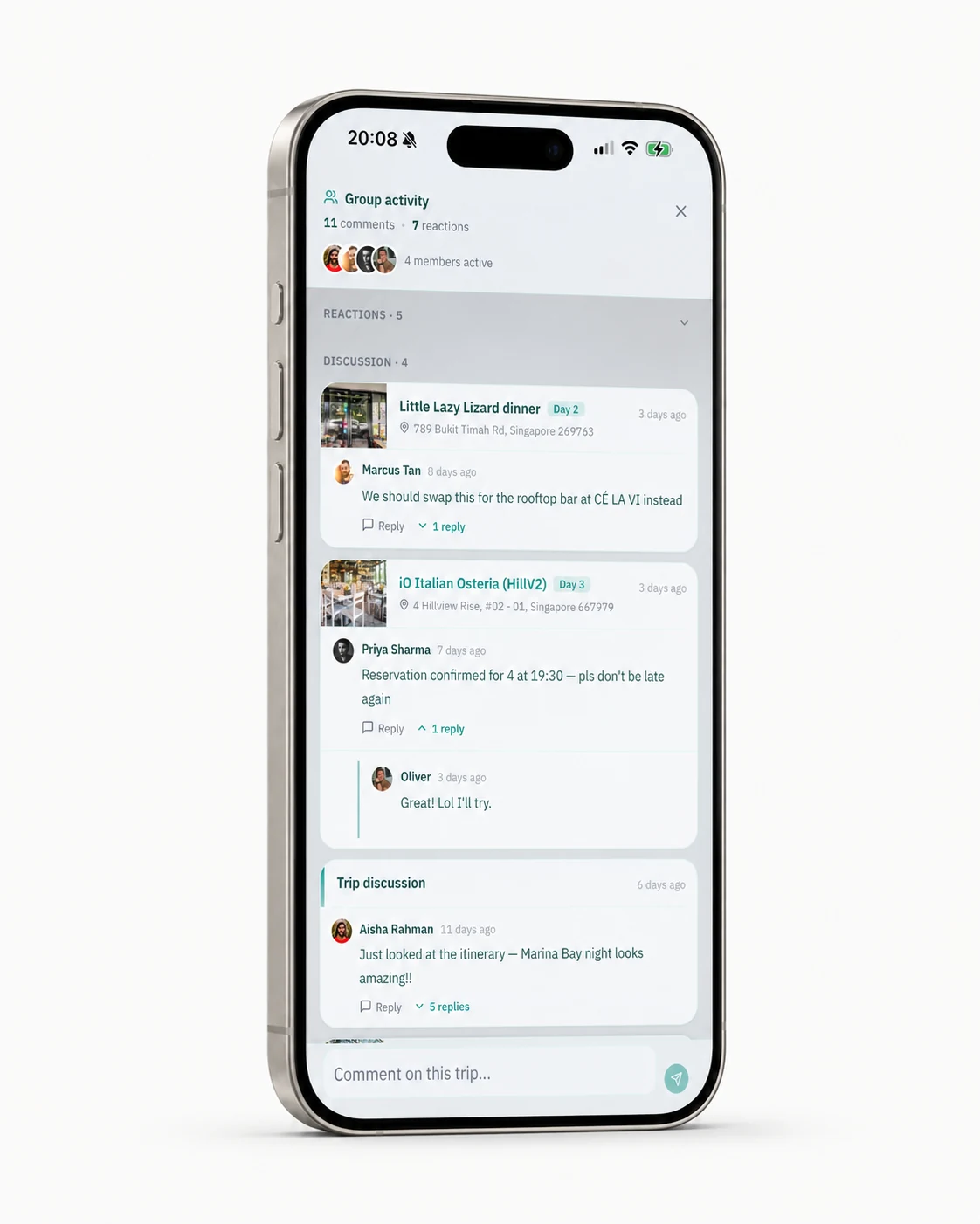 Junto group activity screen showing threaded comments and reactions on itinerary items